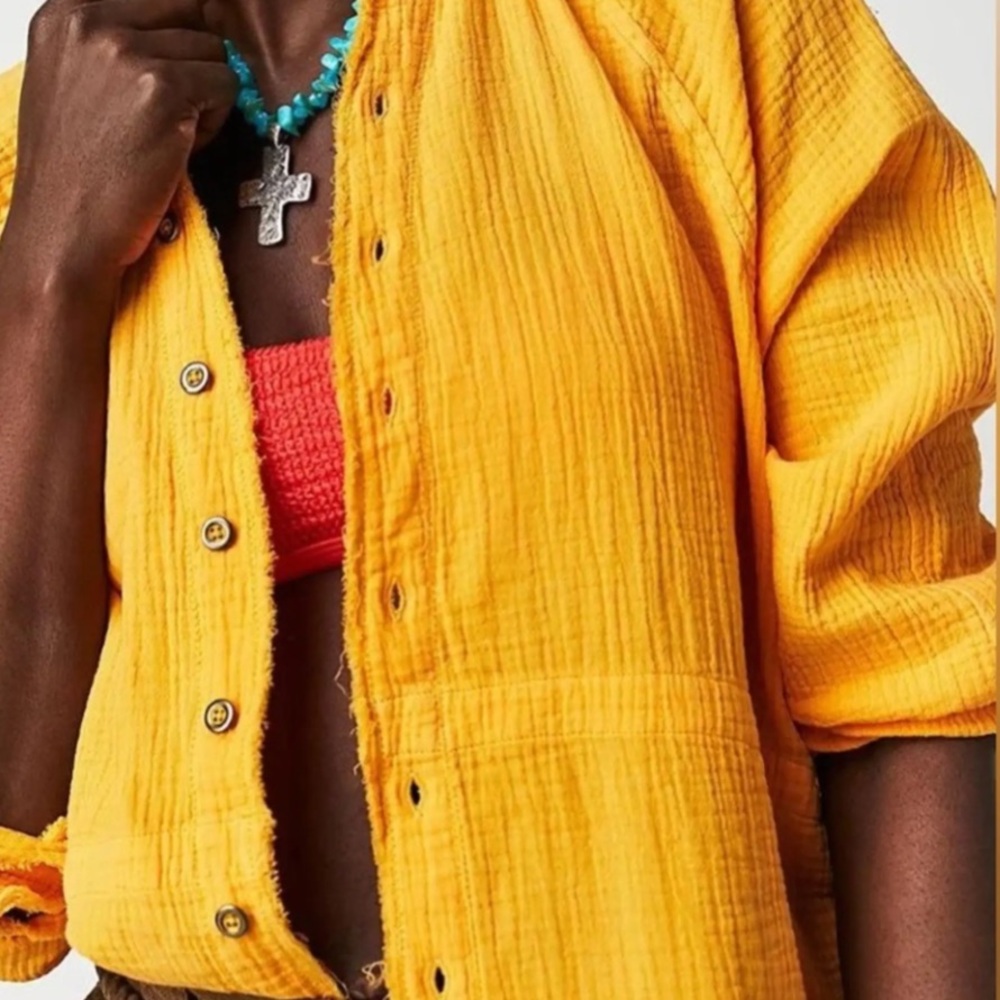 Free People Summer Daydream Oversized Button Down Shirt Yellow Womens Small
